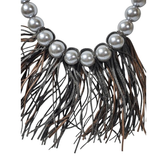 Plunder grey faux pearls leather fringe long Necklace Grunge Retro Art - Picture 4 of 8